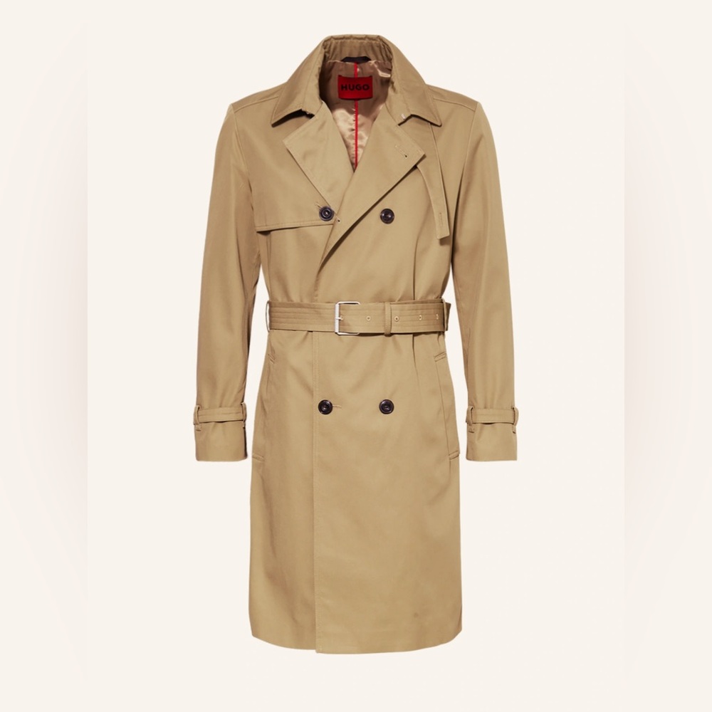 HUGO Maluks Khaki Trench Coat – Water-Repellent, Belted, Size 42R NWT